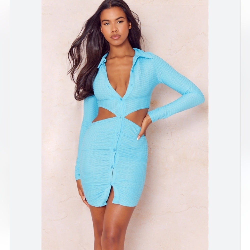 PrettyLittleThing Blue Textured Cut Out Waist Shirt Dress Sz 0